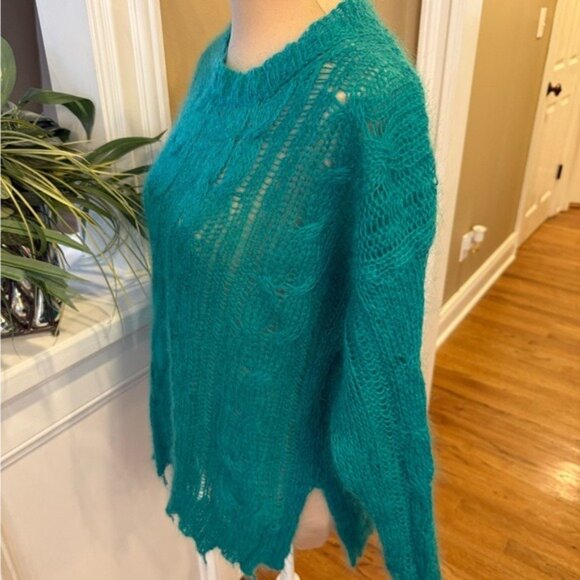 Anthropologie Women’s Sweater Sheer Teal Cable Knit Open Weave Size Small Cozy - Picture 2 of 11